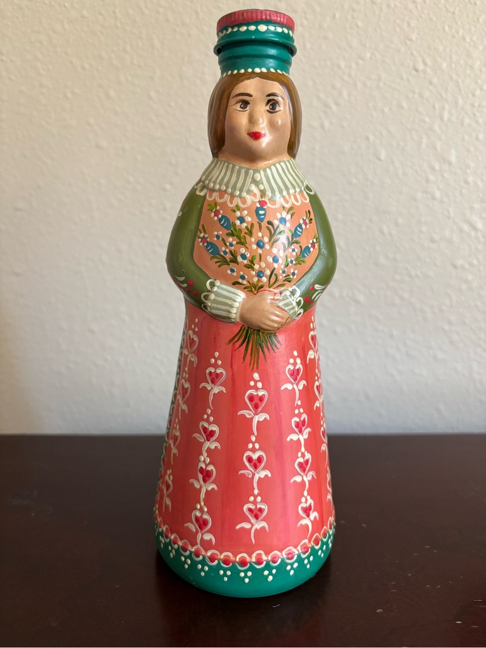 Vintage Hand-Painted Syrup Bottle Folk Art, 8.5 inches tall, floral & hearts